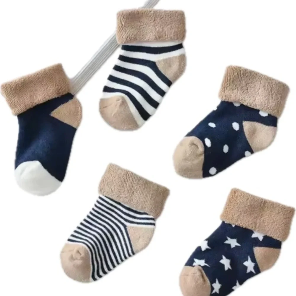 Navy and Tan Baby Socks Set of 5 New 0-12, 12-36 months